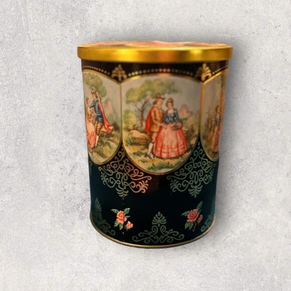 Round Regency Style Candy Tin, Vintage Victorian Black & Gold Tin - Picture 2 of 7